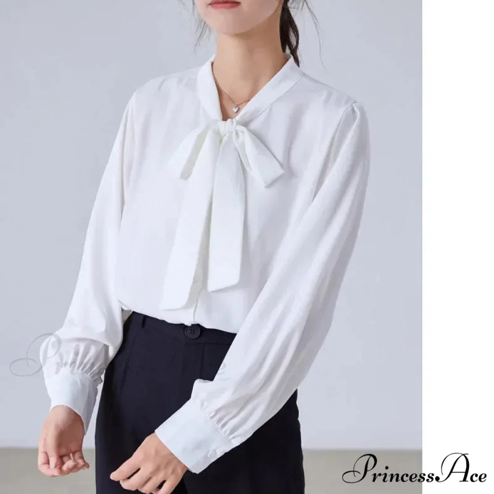 Satin Champagne Ribbon Long Sleeve Professional Woman Blouse WHITE / S blouse-250126
