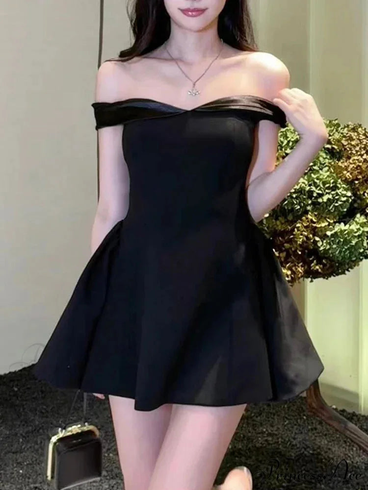 Satin Contrast Stylish Off-shoulder Mini Dress black / S