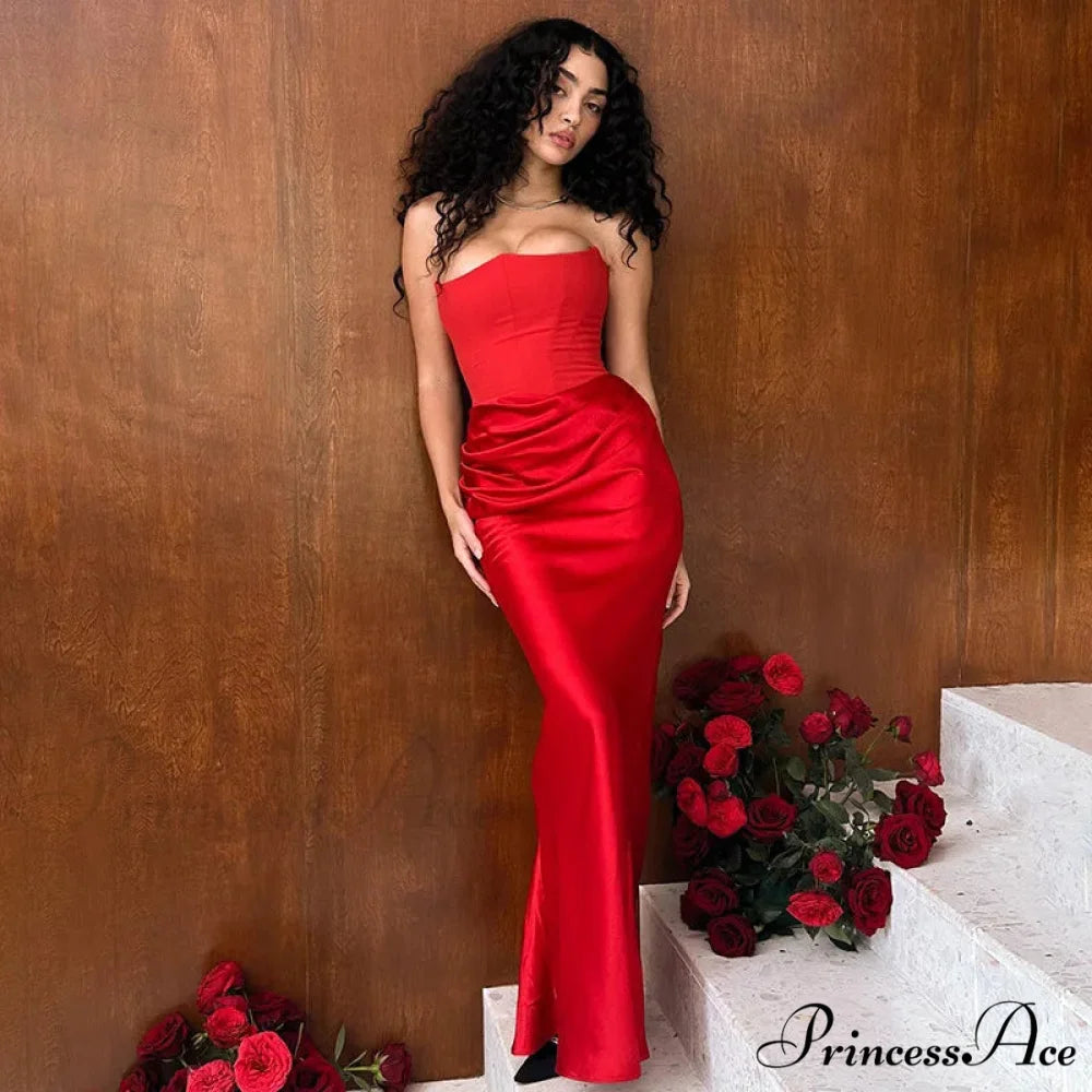 Satin Corset Stylish Maxi Dress red / L