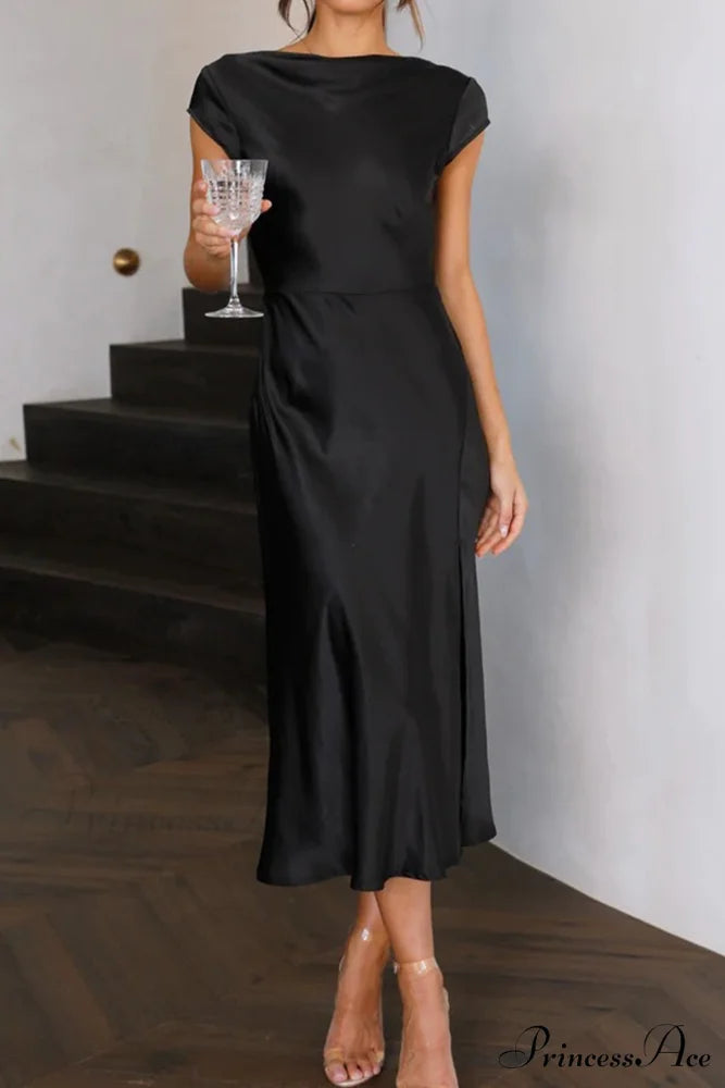 Satin Cowl Neck Dress with Twisted-back Slit Black / S
