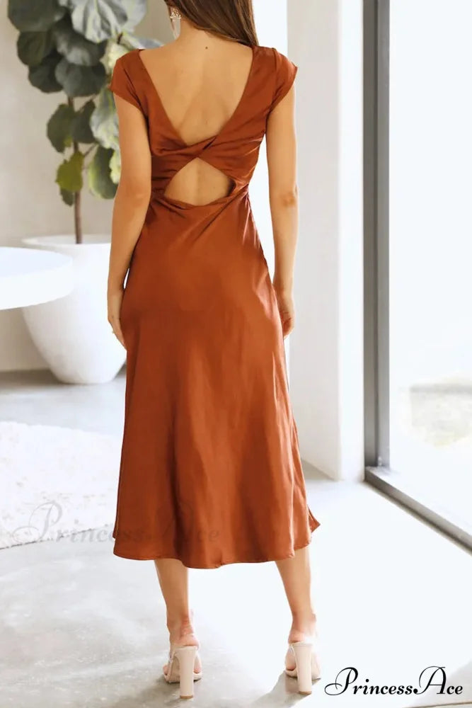 Satin Cowl Neck Dress with Twisted-back Slit Brown / M