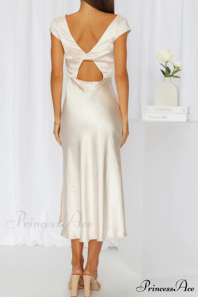 Satin Cowl Neck Dress with Twisted-back Slit Champagne / L