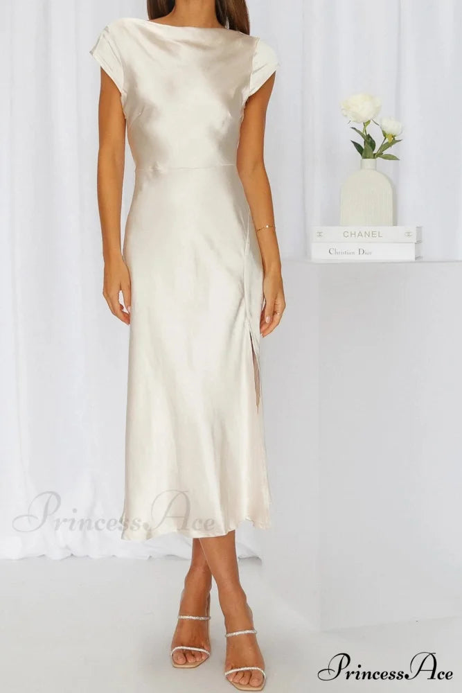 Satin Cowl Neck Dress with Twisted-back Slit Champagne / M