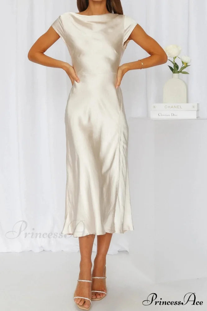 Satin Cowl Neck Dress with Twisted-back Slit Champagne / S