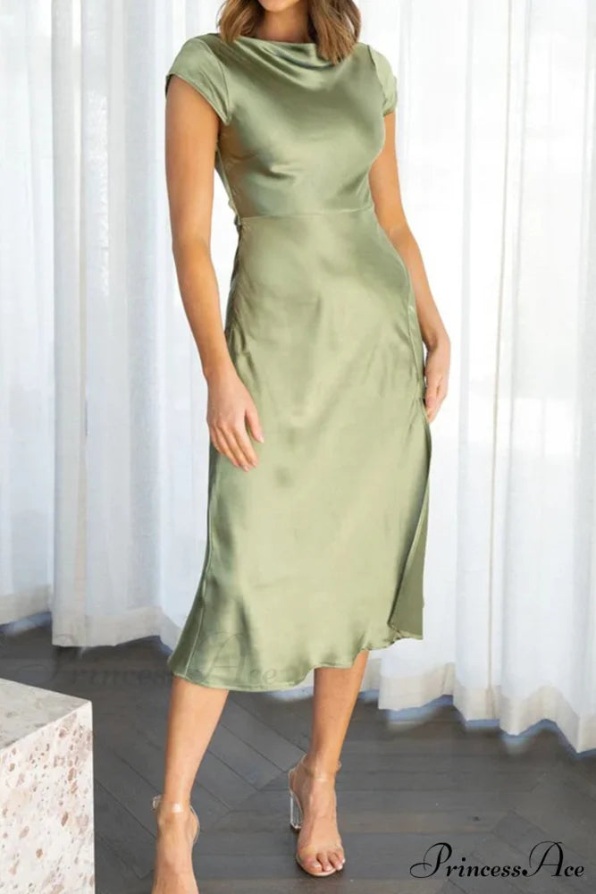 Satin Cowl Neck Dress with Twisted-back Slit Green / S