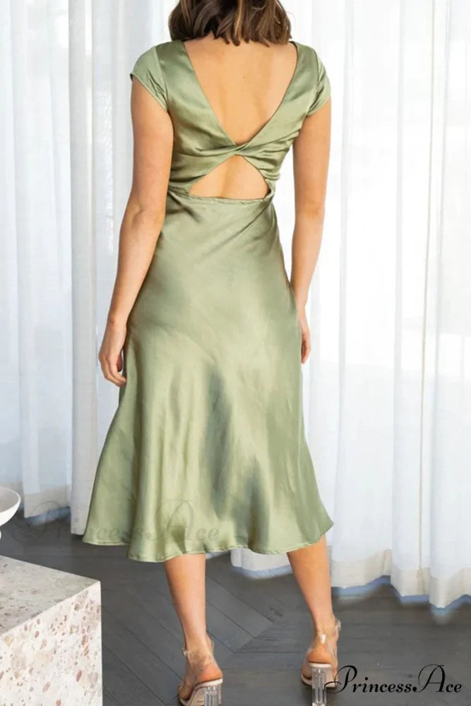 Satin Cowl Neck Dress with Twisted-back Slit Green / XL