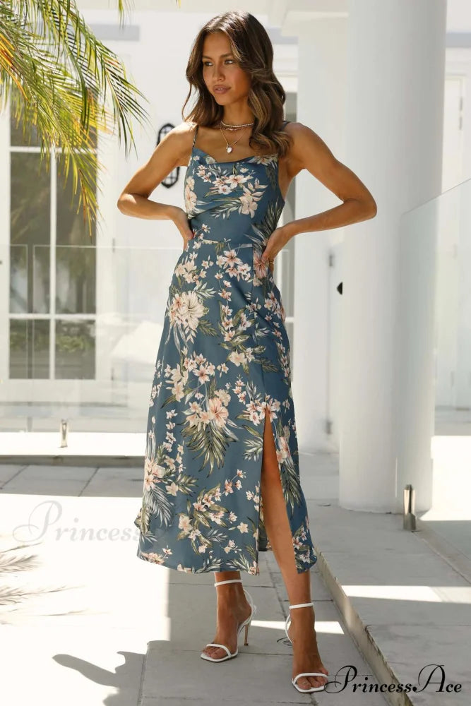 Satin Floral Print Cowl Neck Cami Dress with Slit Green / XL