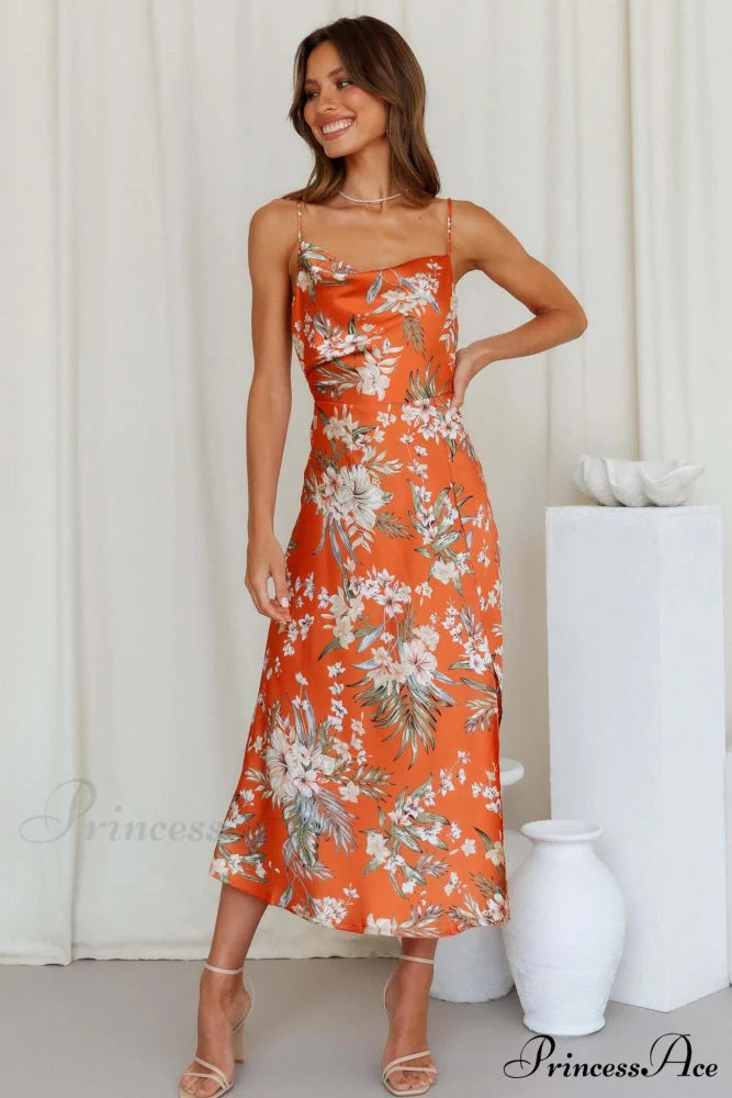 Satin Floral Print Cowl Neck Cami Dress with Slit Orange / L