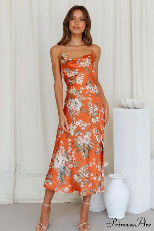Satin Floral Print Cowl Neck Cami Dress with Slit Orange / M