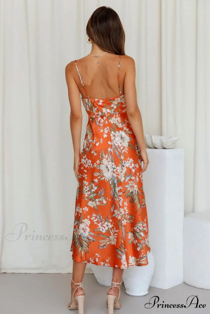 Satin Floral Print Cowl Neck Cami Dress with Slit Orange / XL