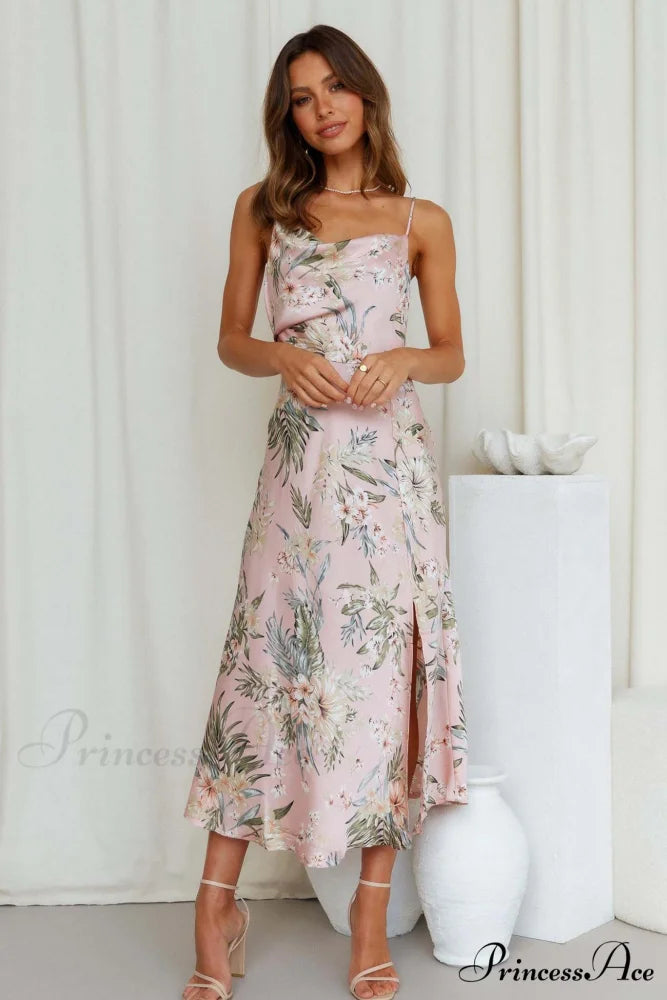 Satin Floral Print Cowl Neck Cami Dress with Slit Pink / L