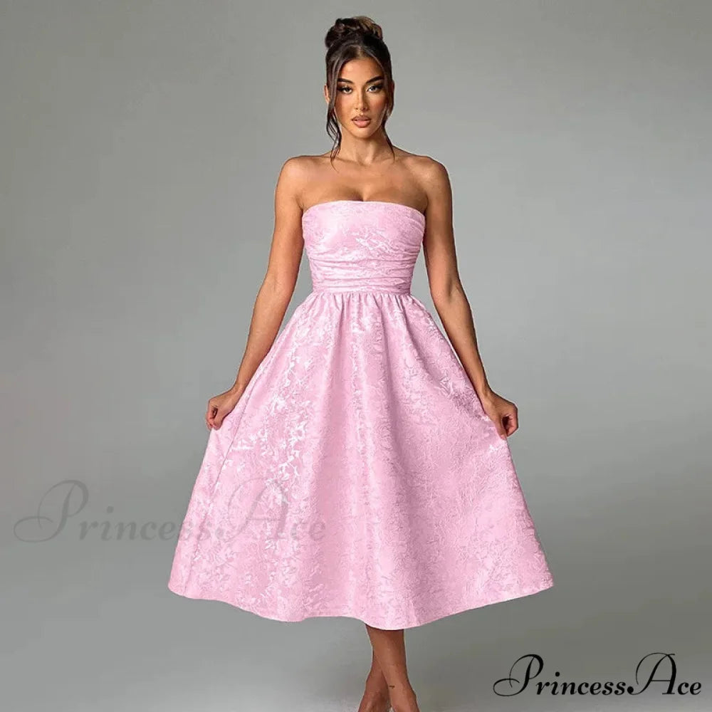 Satin Jacquard Printed Charming Tube Flare Midi Dress