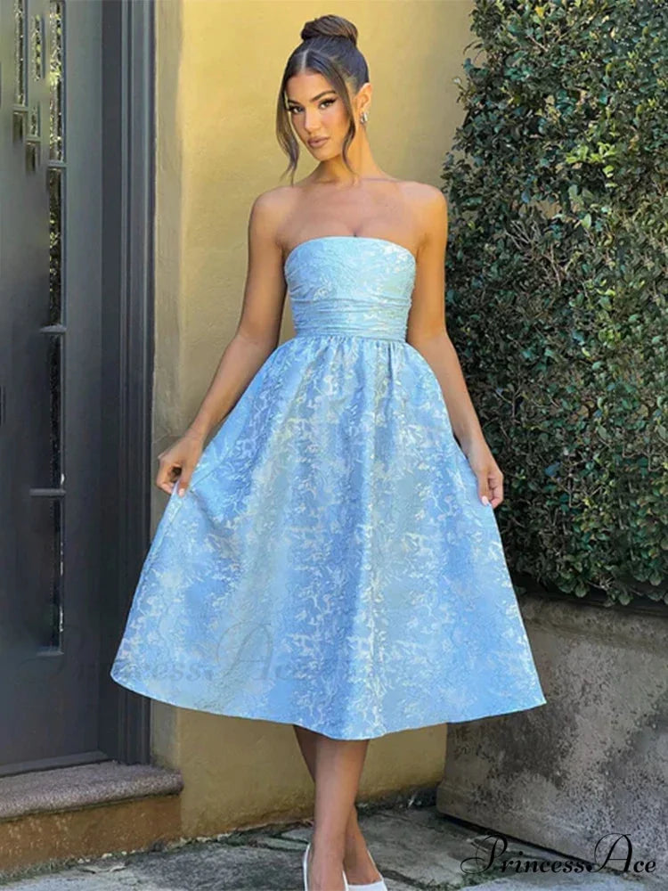 Satin Jacquard Printed Charming Tube Flare Midi Dress S / Blue