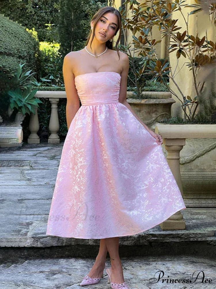 Satin Jacquard Printed Charming Tube Flare Midi Dress S / Pink