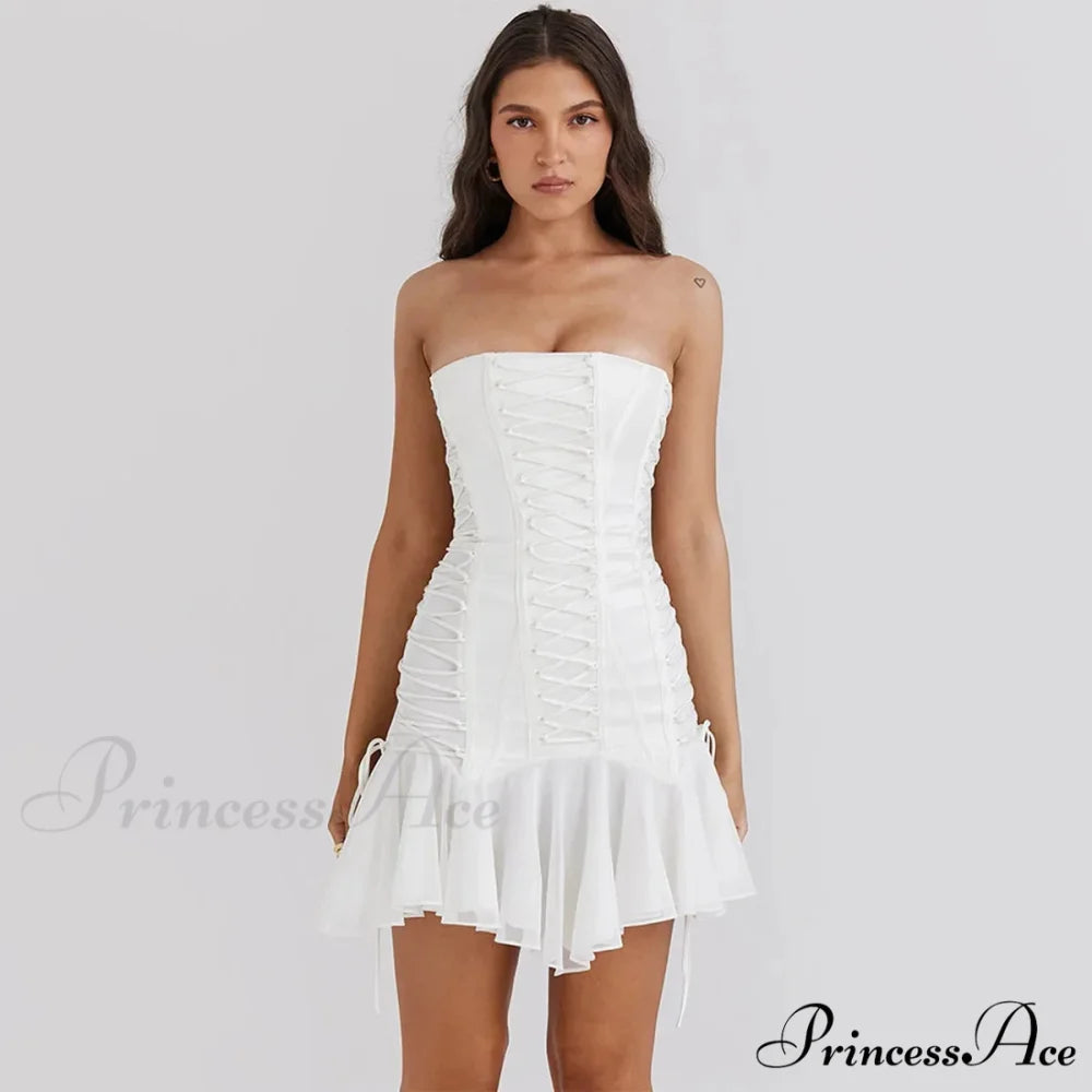 Satin Lace Up Charming Bandage Strapless Mini Dress WHITE / XS