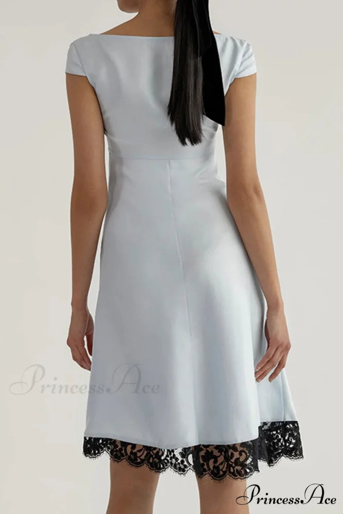 Satin Mini Dress with Lace Patchwork Light Blue / L
