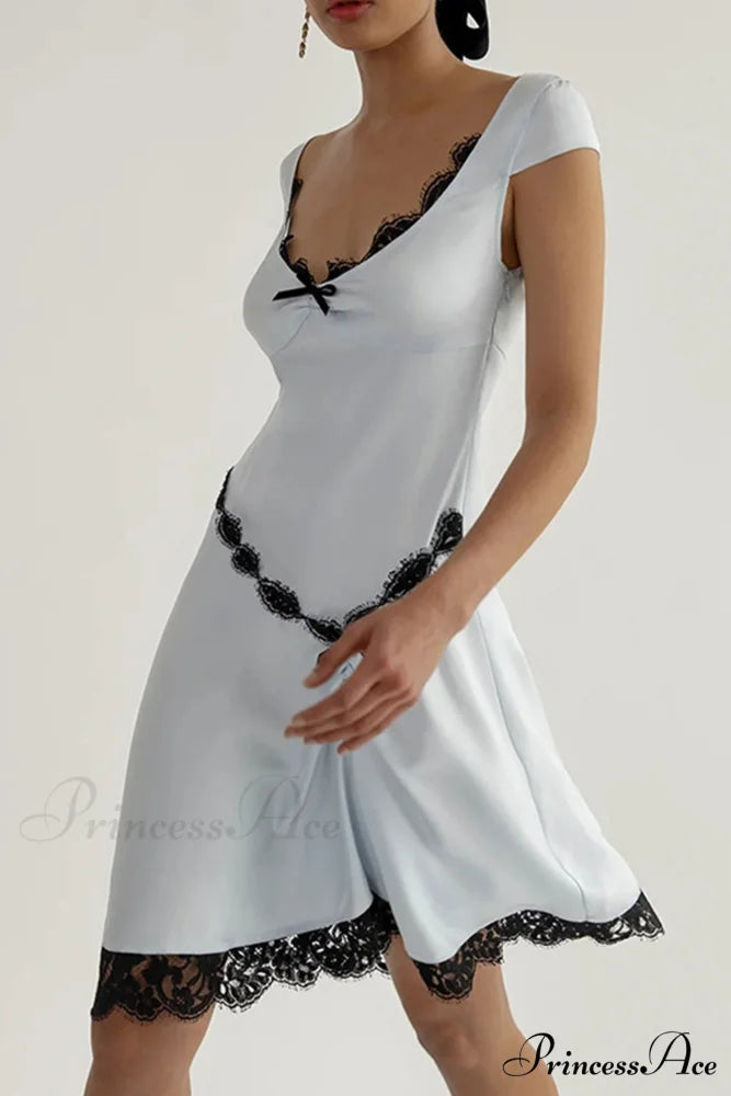 Satin Mini Dress with Lace Patchwork Light Blue / M