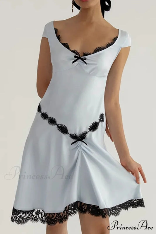 Satin Mini Dress with Lace Patchwork Light Blue / S