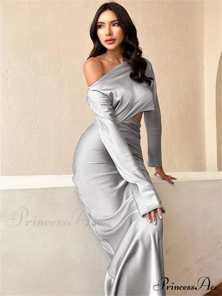 Satin Off Shoulder Long Sleeve Crop Top Maxi Dress GRAY / S