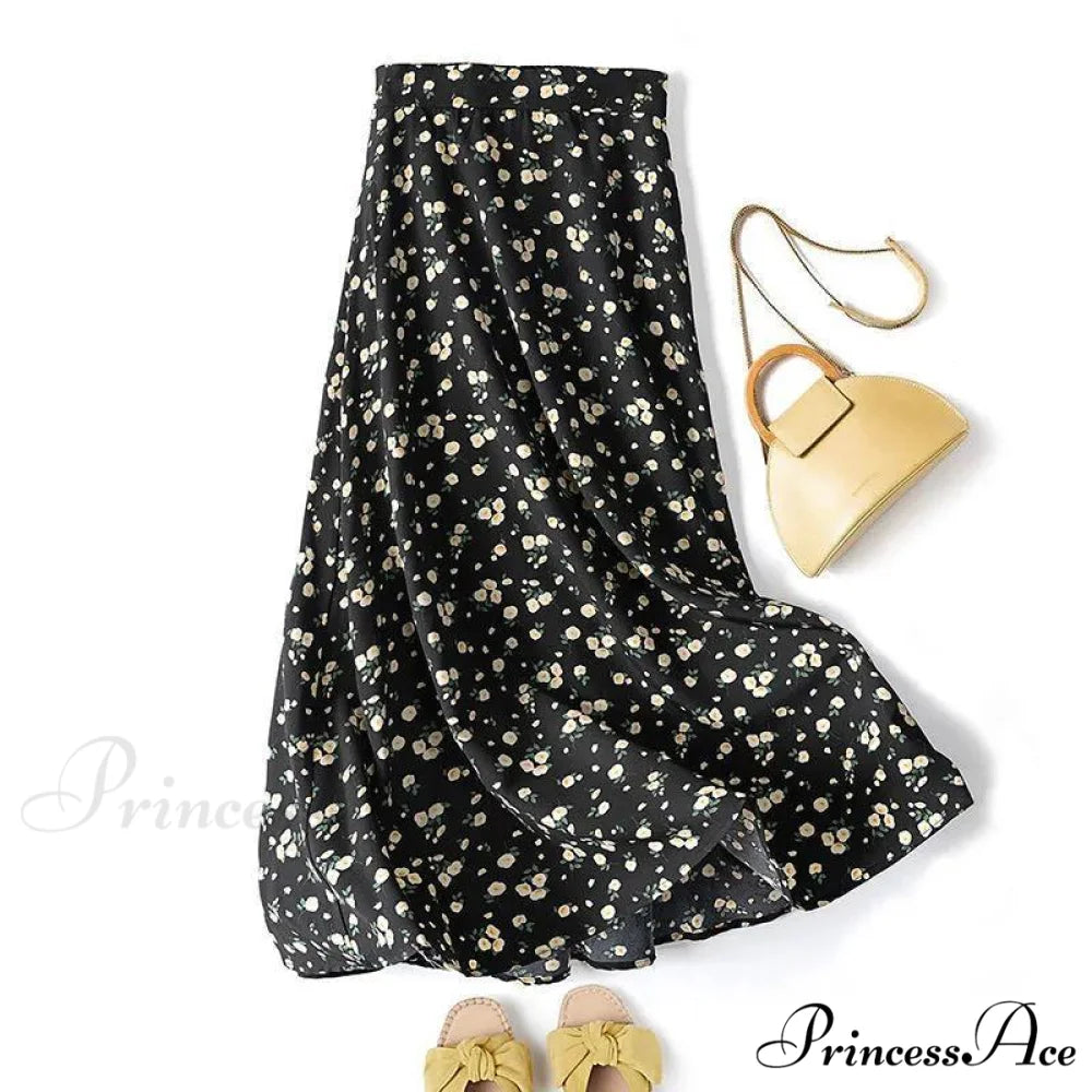 Satin Office Lady Silk Midi Skirts Black / S