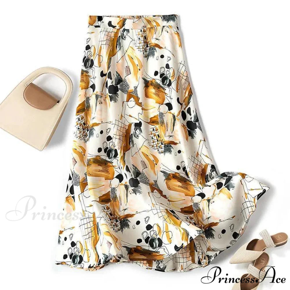 Satin Office Lady Silk Midi Skirts Gold / S