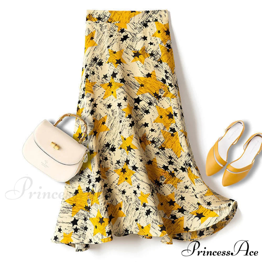 Satin Office Lady Silk Midi Skirts Yellow / S