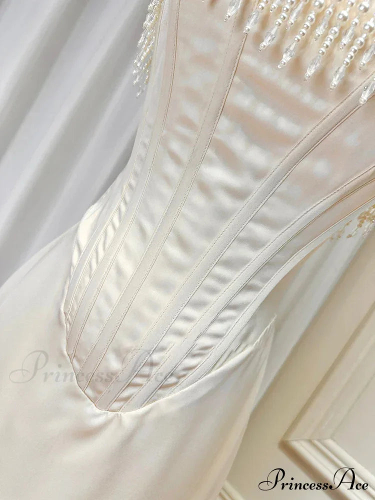 Satin Pearl Tassel Charming Corset Tube Midi Dress