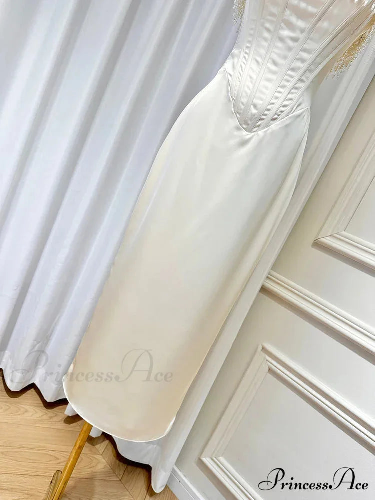 Satin Pearl Tassel Charming Corset Tube Midi Dress