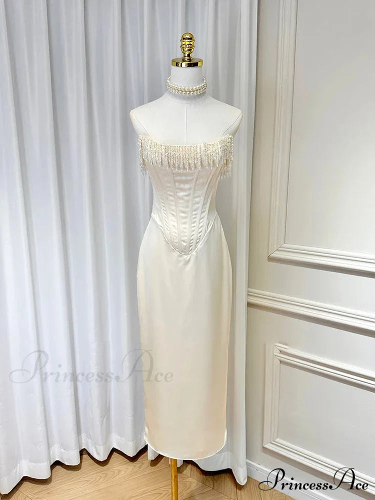 Satin Pearl Tassel Charming Corset Tube Midi Dress picture color / L