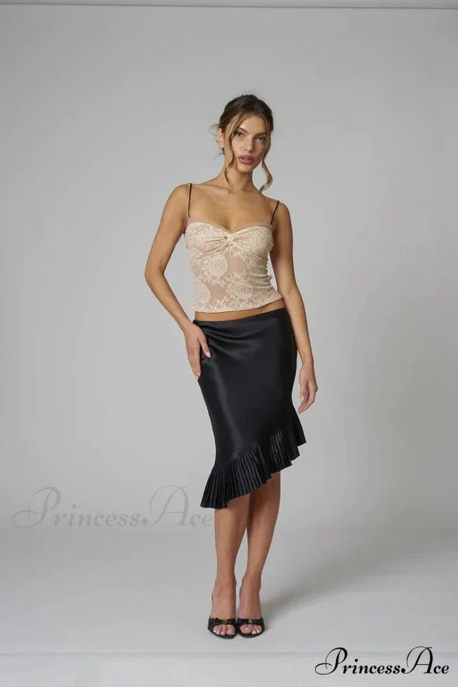 Satin Pleated Stylish Trim Midi Skirt