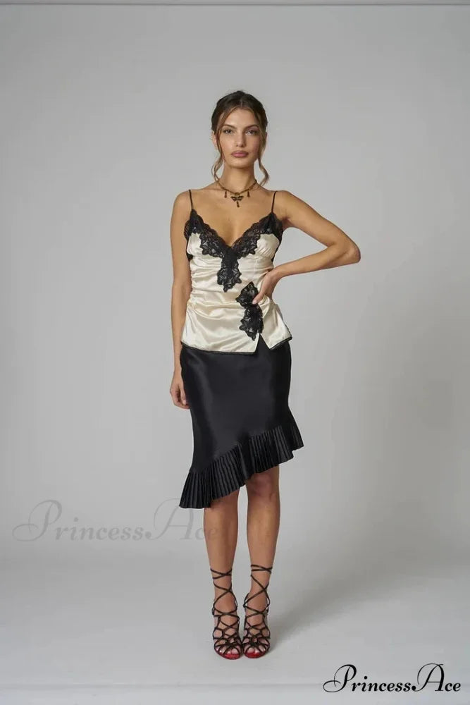 Satin Pleated Stylish Trim Midi Skirt