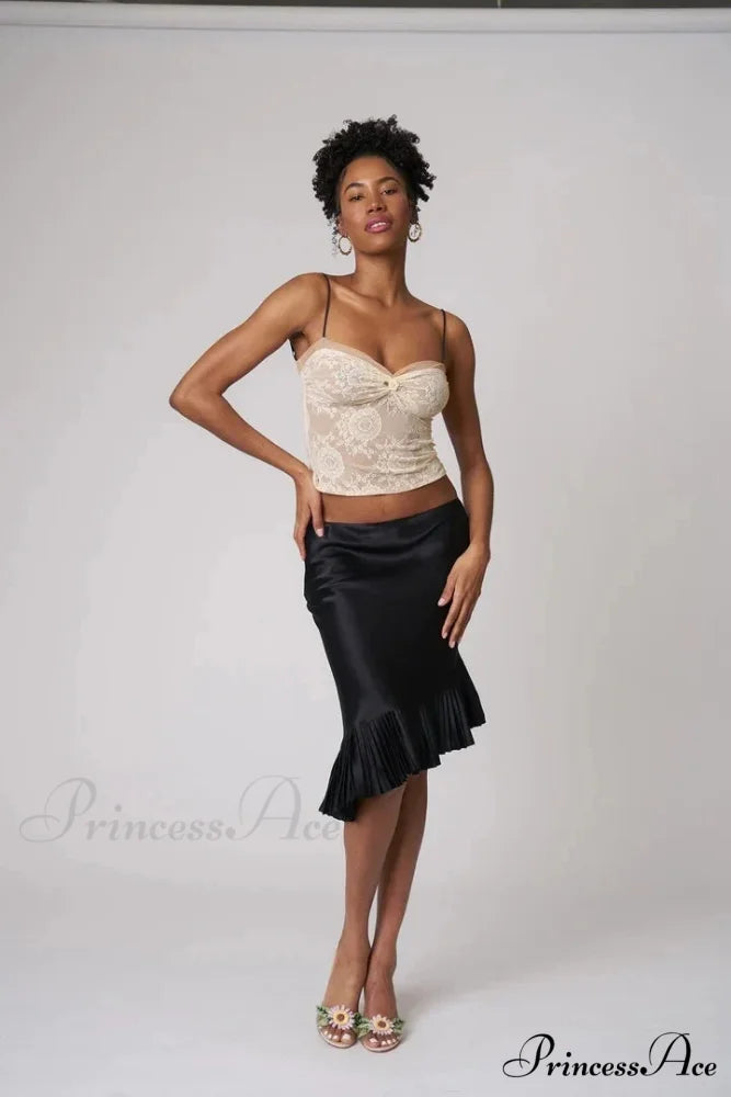 Satin Pleated Stylish Trim Midi Skirt