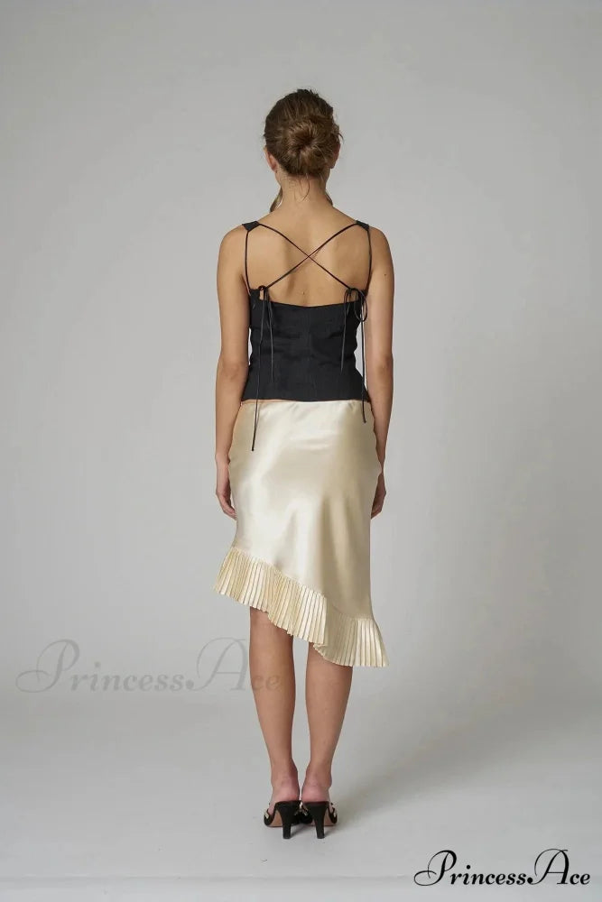 Satin Pleated Stylish Trim Midi Skirt