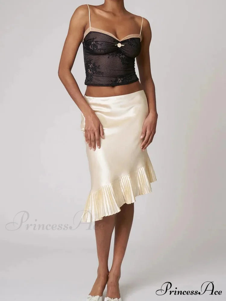 Satin Pleated Stylish Trim Midi Skirt APRICOT / L