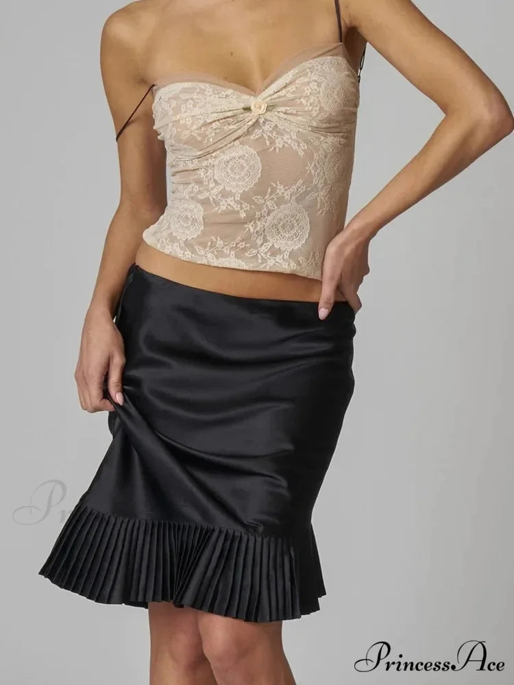 Satin Pleated Stylish Trim Midi Skirt BLACK / L