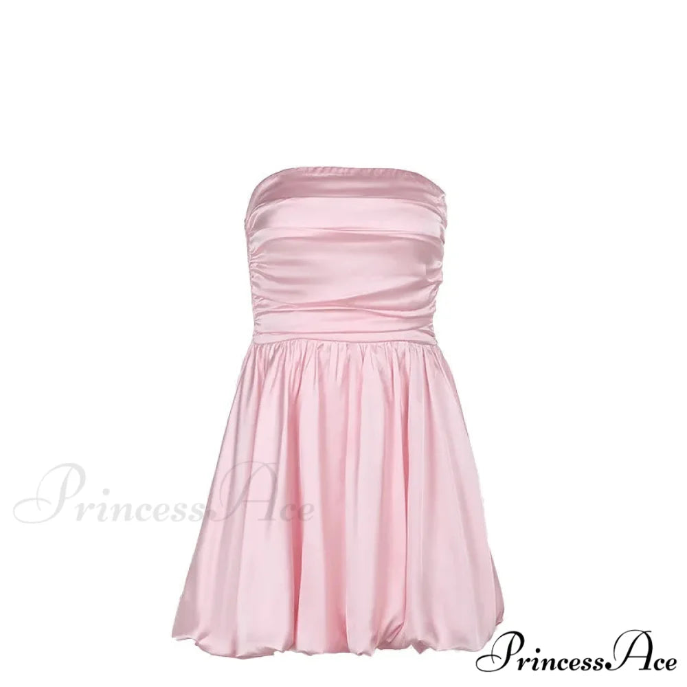 Satin Puff Ruched Charming Tube Mini Dress Pink / L