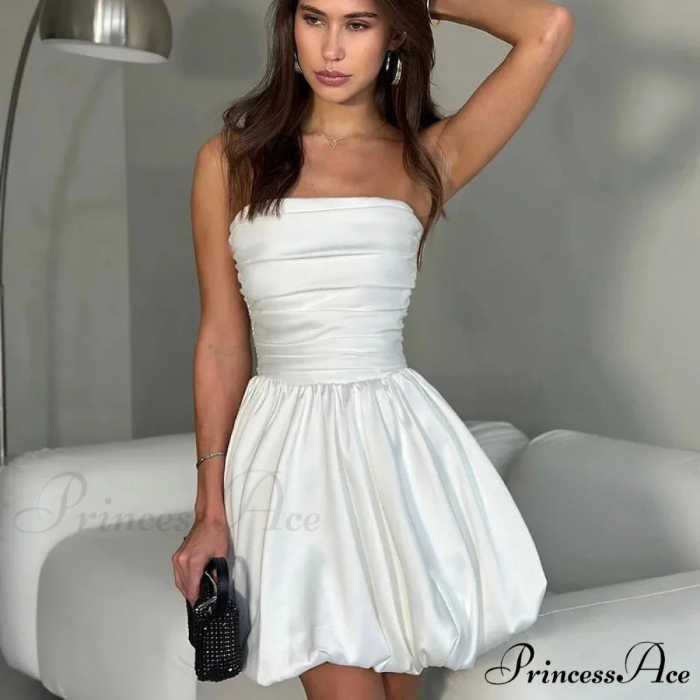 Satin Puff Ruched Charming Tube Mini Dress White / L