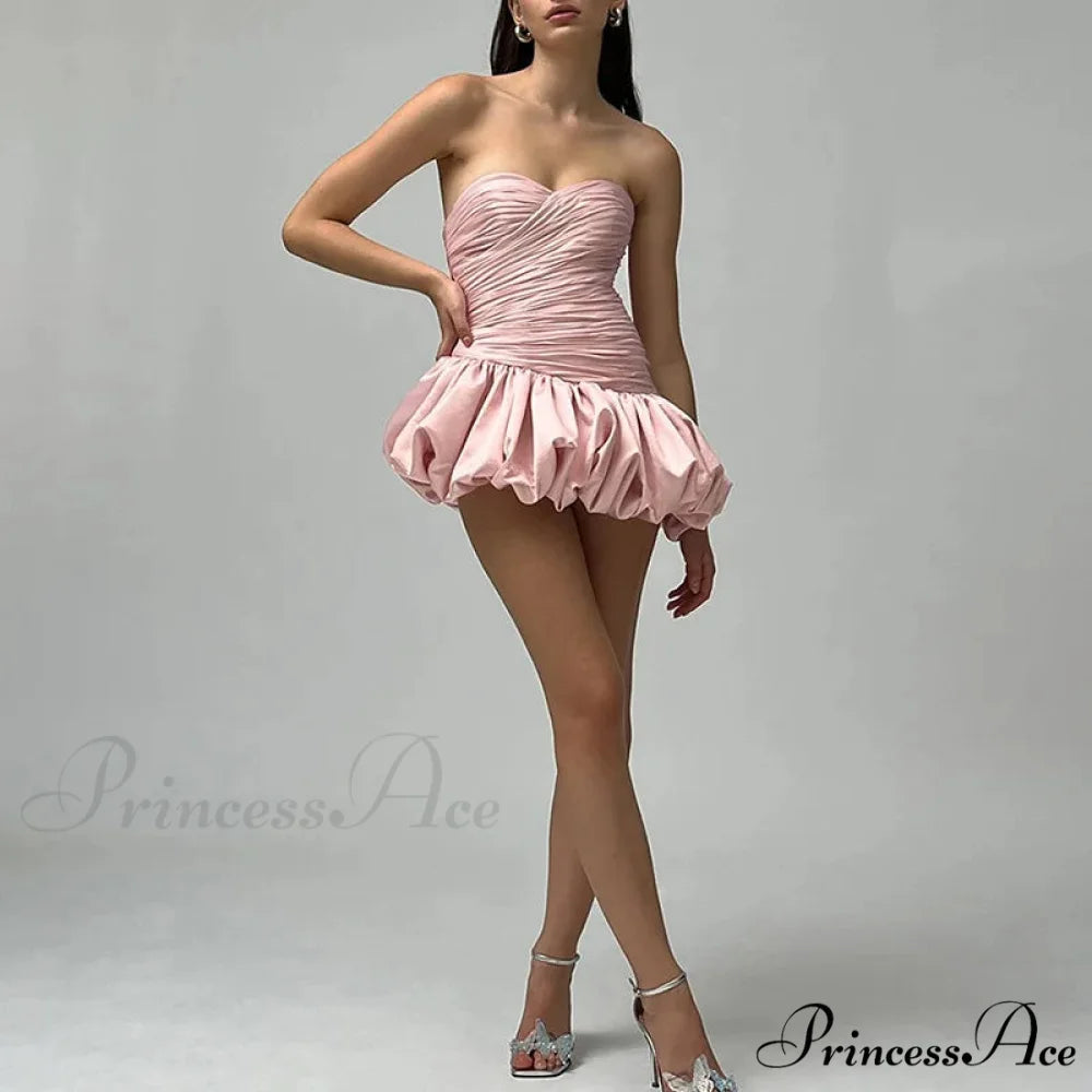 Satin Ruched Stylish Puff Mini Dress