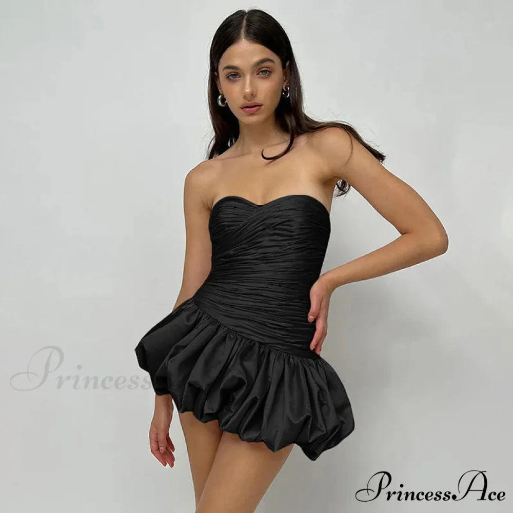Satin Ruched Stylish Puff Mini Dress Black / L