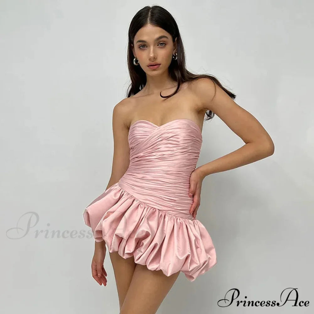 Satin Ruched Stylish Puff Mini Dress Pink / L