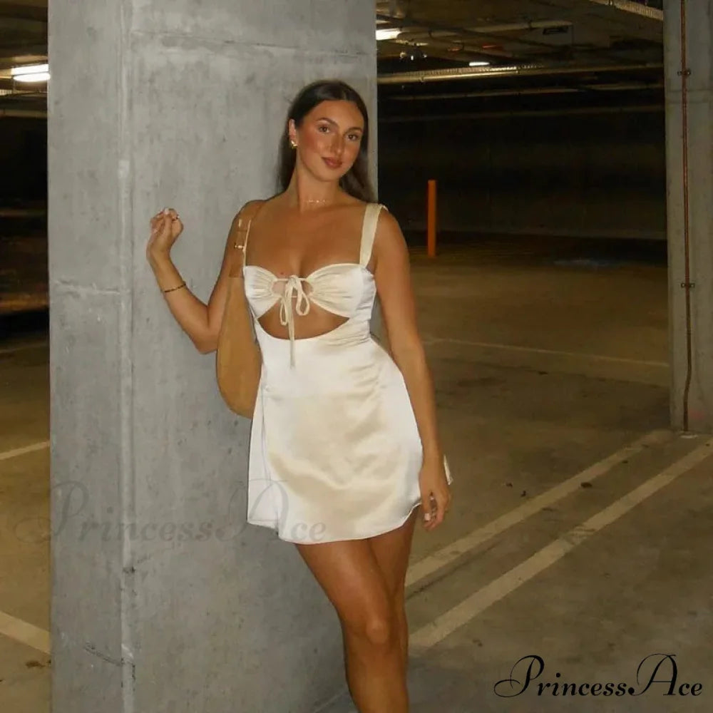 Satin Ruched Tie Charming Up Strap Mini Dress