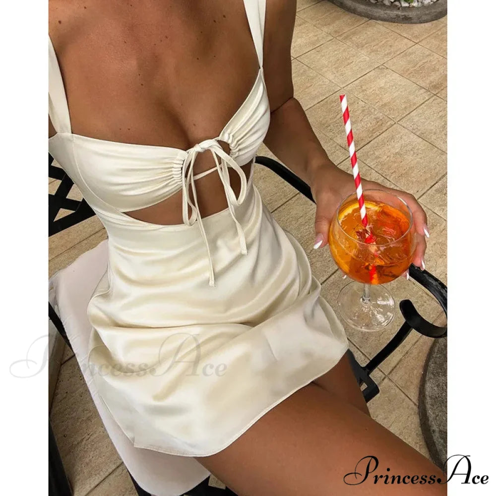 Satin Ruched Tie Charming Up Strap Mini Dress