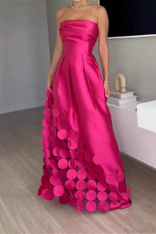 Satin Sequined Paneled Strapless High Waist Evening Dress