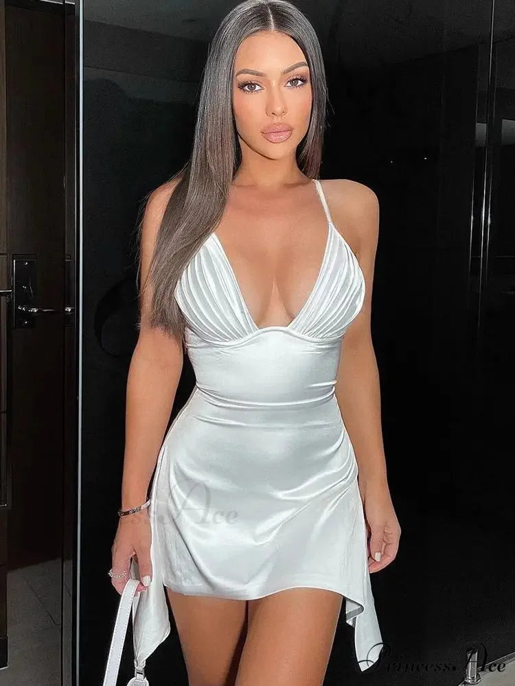 Satin Sleeveless Backless Draped Slip Club Mini Dress WHITE / S