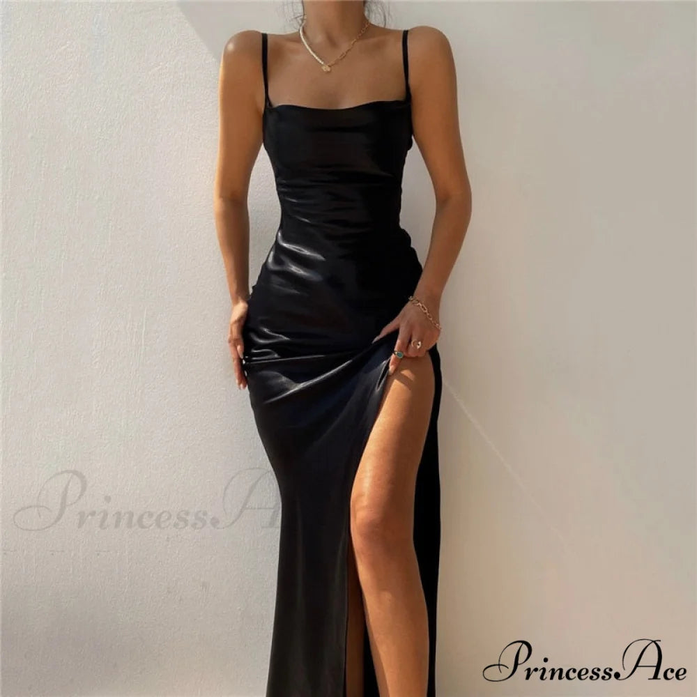 Satin Sleeveless Long Dresses Black / M