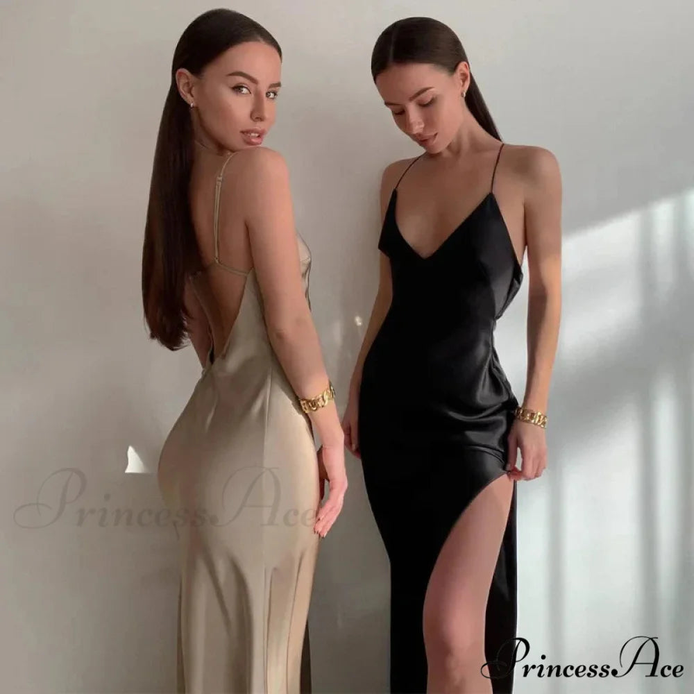 Satin Spaghetti Strap Summer Split V-neck Elegant Sleeveless Backless Club Party Outfits Sexy