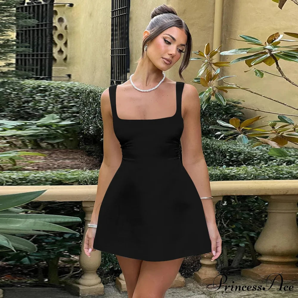 Satin Square Neck Charming Strap Mini Dress