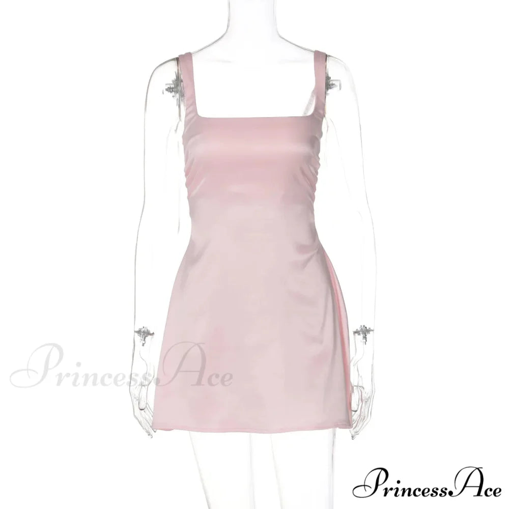 Satin Square Neck Charming Strap Mini Dress