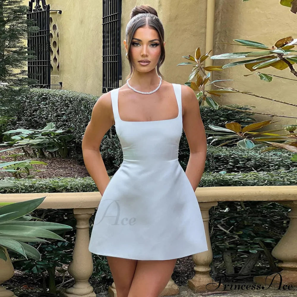 Satin Square Neck Charming Strap Mini Dress