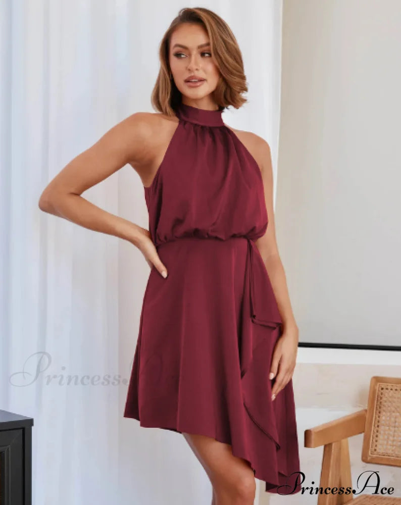 Satin Strap Dress with Hanging Neck M / wine red